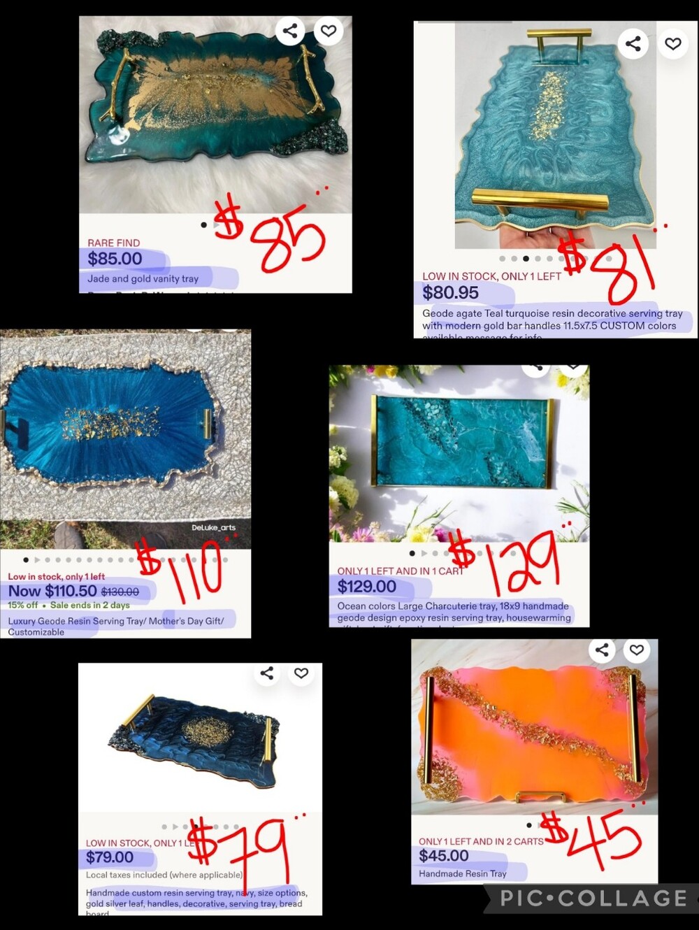 Ocean Blues, Glitter & Gold Artisan Made Resin Tray - Gold Bamboo Handles - Picture 10 of 10